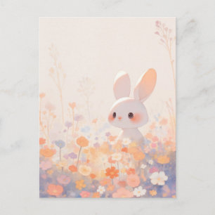 Sweet White Rabbit in Pastel Meadow Postcard