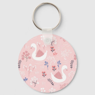 Sweet White Swans On Pastel Pink Floral Ballet Key Ring