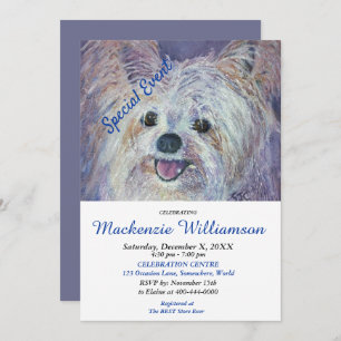 SWEET WHITE YORKIE PUPPY WISHES HAPPY BIRTHDAY INVITATION