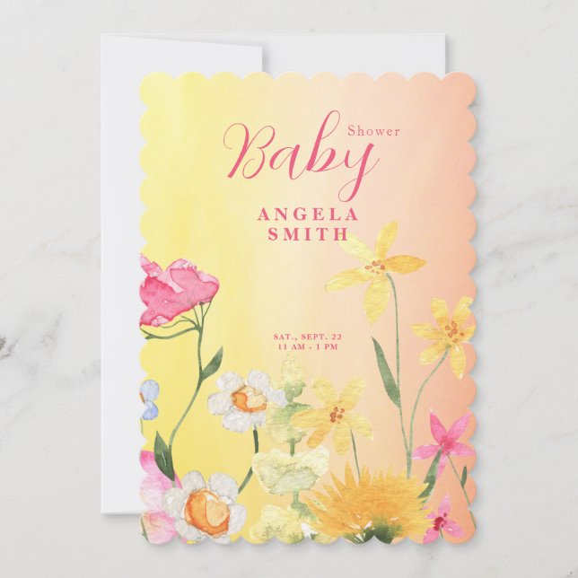 Sweet Wildflowers Colourful Baby Shower Scalloped Invitation (Front)