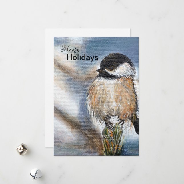 Sweet Winter Chickadee Bird Holiday Card (Front/Back In Situ)