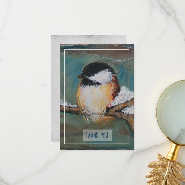 Sweet Winter Chickadee Bird Painting Thank You (Front/Back In Situ)