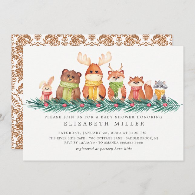 Sweet Winter Woodland Animals Baby Shower Invitation (Front/Back)