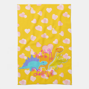 Sweet With Love Dinosaurs Hearts Pattern Tea Towel