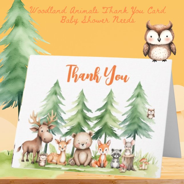 Sweet Woodland Animals Baby Shower Orange Thank You Card (Creator Uploaded)