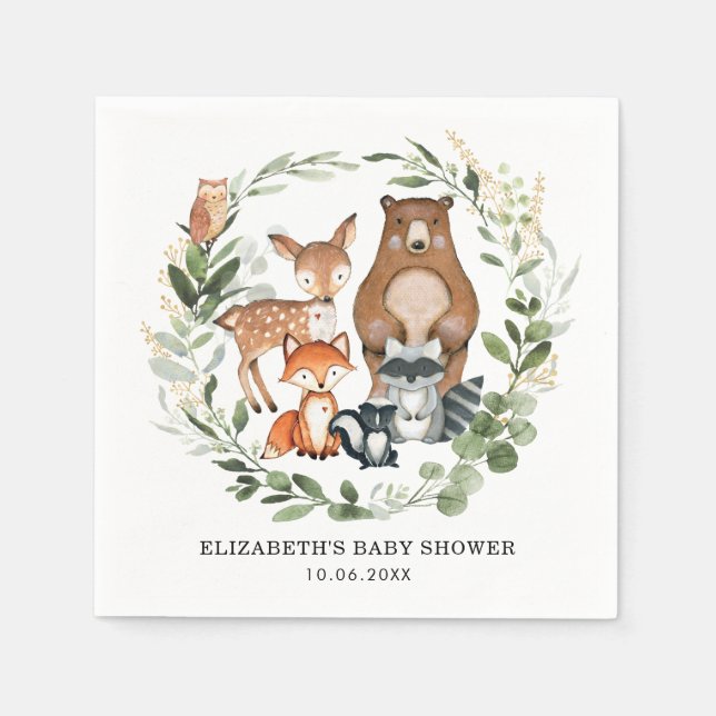 Sweet Woodland Animals Botanical Greenery Gold Napkin (Front)