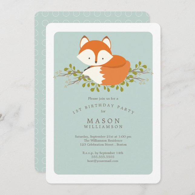 Sweet Woodland Baby Fox Birthday Party Celebration Invitation (Front/Back)