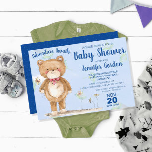 Sweet Woodland Bear Blue Boy Baby Shower Invitation