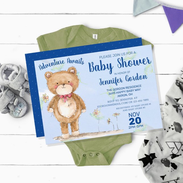Sweet Woodland Bear Blue Boy Baby Shower  Invitation (Creator Uploaded)