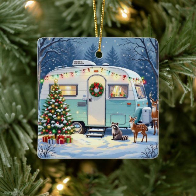 Sweet Woodland Camper Winter Scene Christmas Ceramic Ornament (Tree)