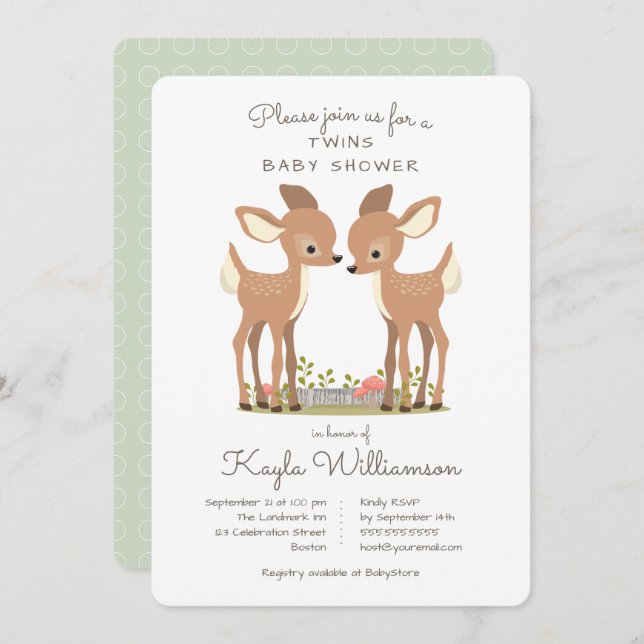 Sweet Woodland Deer Twin Baby Shower Invitation (Front/Back)