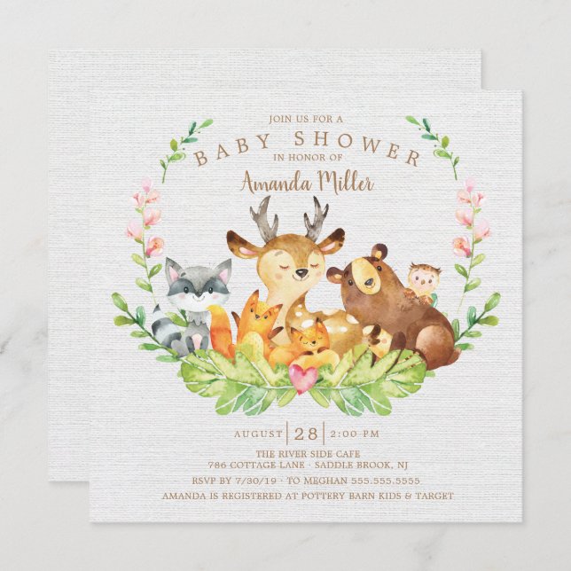 Sweet Woodland Forest Animals Baby Shower Invitation (Front/Back)
