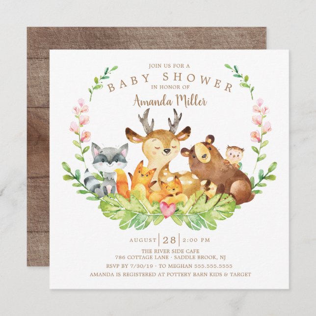 Sweet Woodland Forest Animals Baby Shower Invitation (Front/Back)