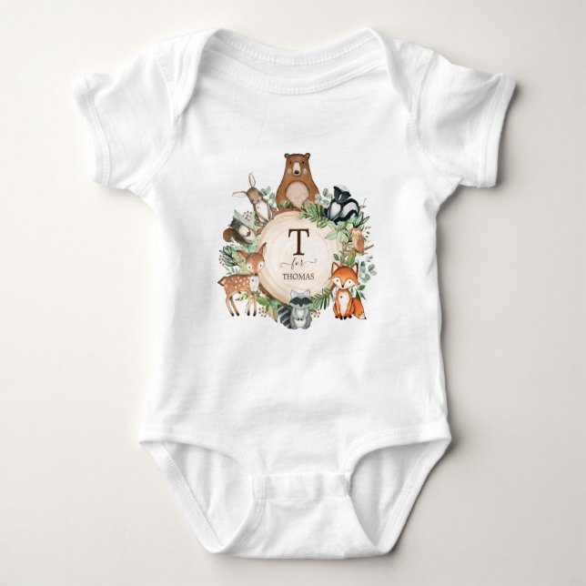 Sweet Woodland Forest Friends Custom Monogram Baby Bodysuit (Front)