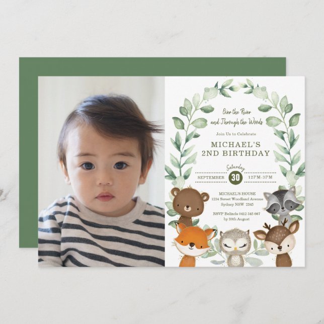 Sweet Woodland Forest Greenery Animals Birthday Invitation (Front/Back)
