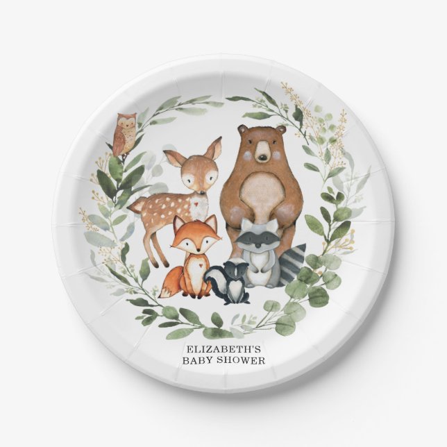Sweet Woodland Greenery Baby Shower Birthday Paper Plate (Front)