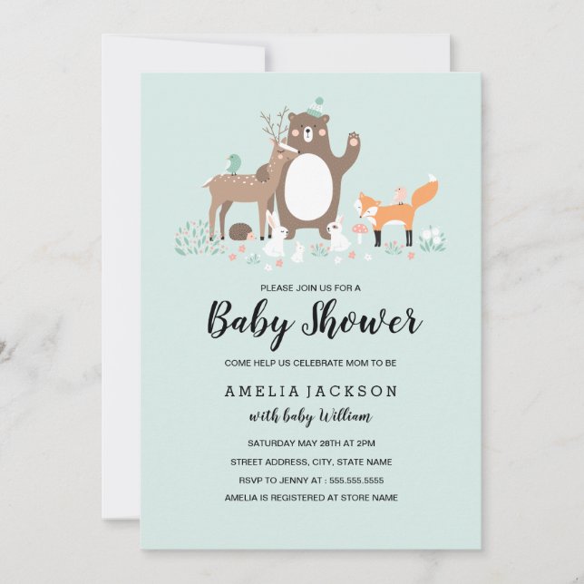 Sweet Woodland Mint Baby Shower Invite (Front)