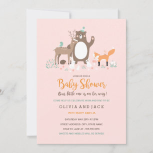 Sweet Woodland Pink and Orange Baby Shower Invite