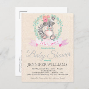 Sweet Woodland Racoon Floral Boho Baby Shower  Invitation Postcard