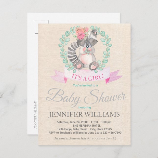 Sweet Woodland Racoon Floral Boho Baby Shower  Invitation Postcard (Front/Back)
