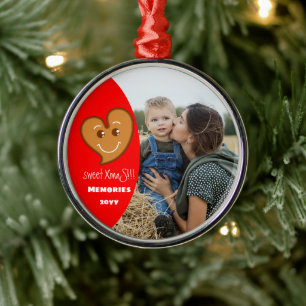 sweet XmaS gingerbread Heart Editable-Photo-Red Metal Ornament