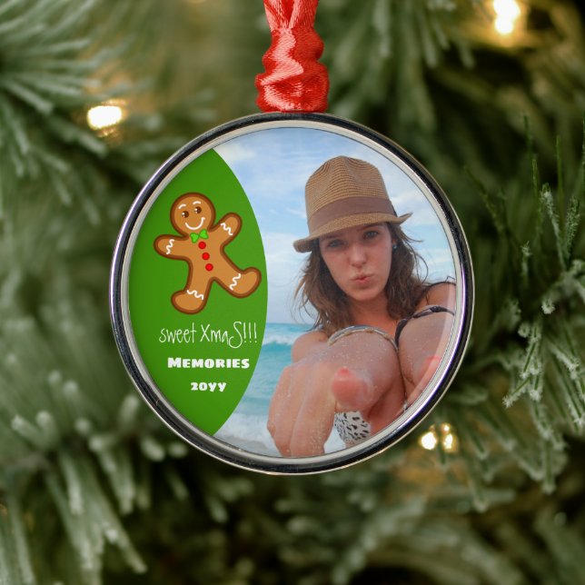 sweet XmaS gingerbread Man Editable-Photo-Green Metal Ornament (Tree)