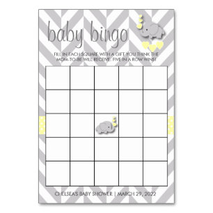Sweet Yellow and Grey Elephant Baby Shower Bingo Table Number