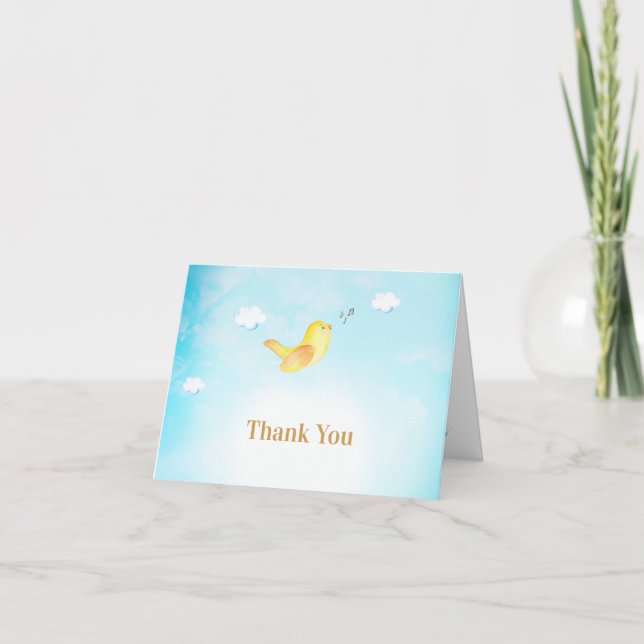 *~* Sweet Yellow Birdie Singing Blue Sky Clouds Thank You Card (Front)