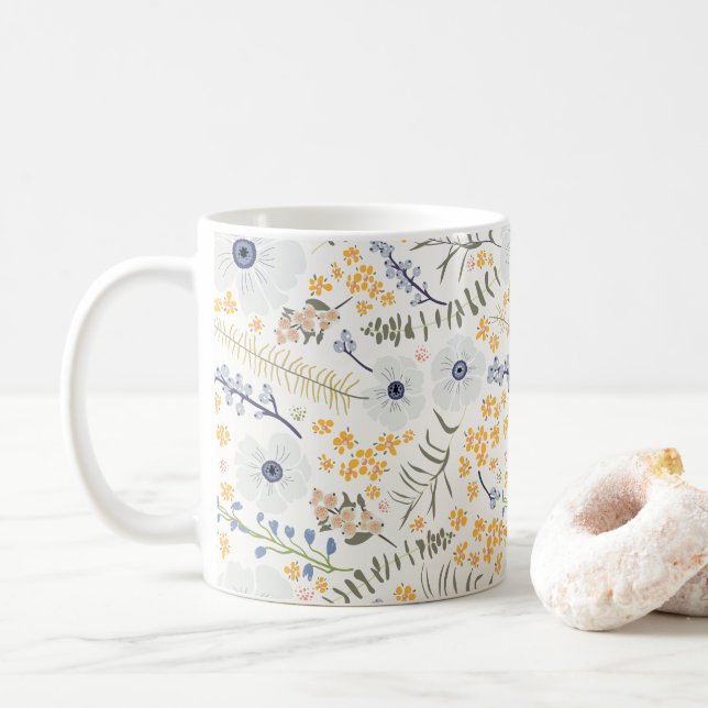 Sweet Yellow Blue Botanical Flowers Coffee Mug (With Donut)