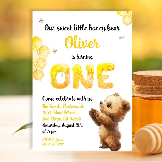 Sweet Yellow First Birthday Honey Bear Invitation (Creator Uploaded)