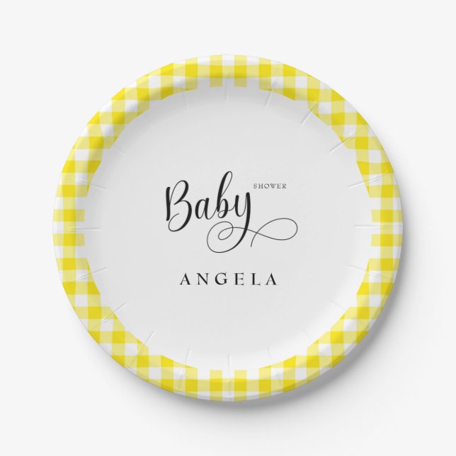 Sweet Yellow Gingham Baby Shower Paper Plate (Front)