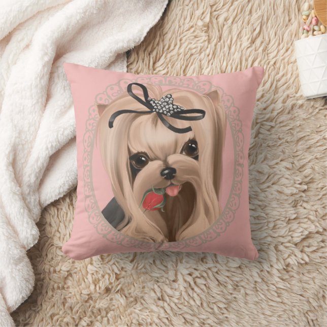 Sweet Yorkie Puppy Red Rose Floral Cushion (Blanket)