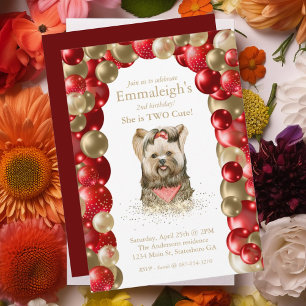 Sweet Yorkie Two Cute Red Gold Balloon Birthday Invitation