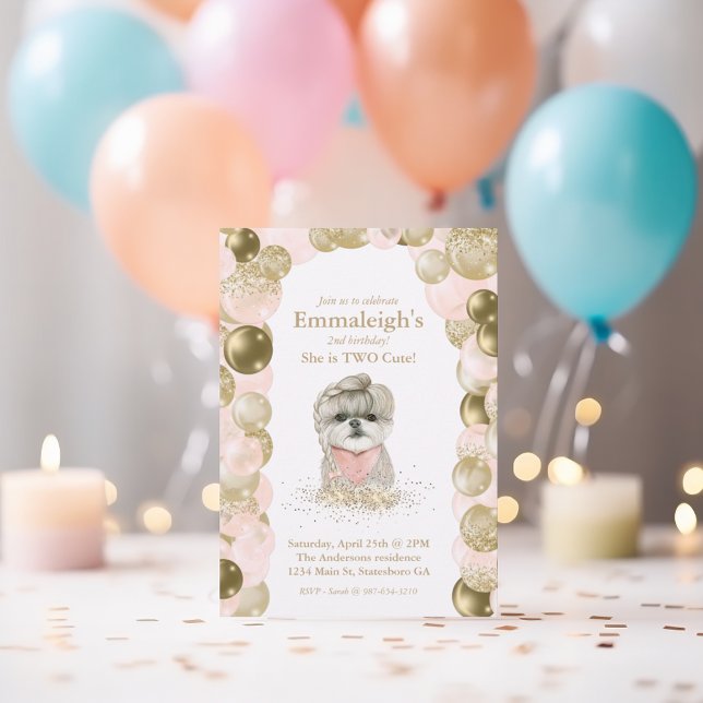 Sweet Yorkie Two Cute Rose Gold Balloon Birthday Invitation (Creator Uploaded)