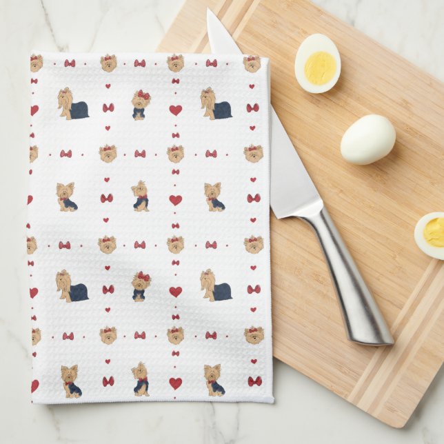 Sweet Yorkies Bows Hearts White Tea Towel (Quarter Fold)