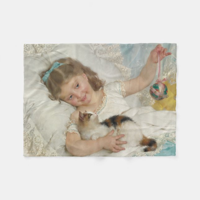 Sweet Young Girl Playing With Her Pet Cat (Munier) Fleece Blanket (Front (Horizontal))