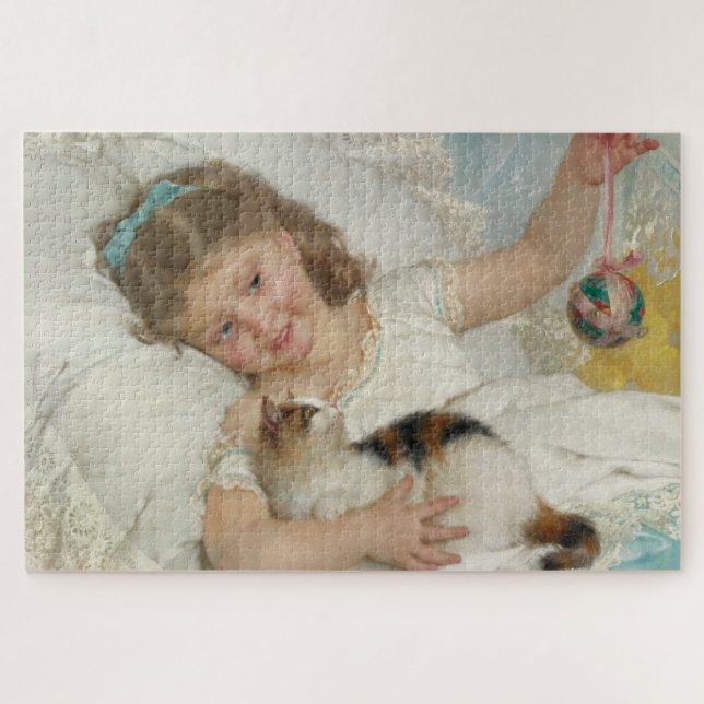 Sweet Young Girl Playing With Her Pet Cat (Munier) Jigsaw Puzzle (Horizontal)