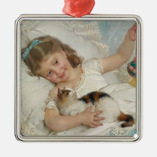 Sweet Young Girl Playing With Her Pet Cat (Munier) Metal Ornament (Front)