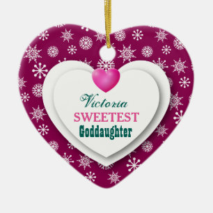 Sweetest Goddaughter Maroon Snowflakes Hearts A11 Ceramic Ornament