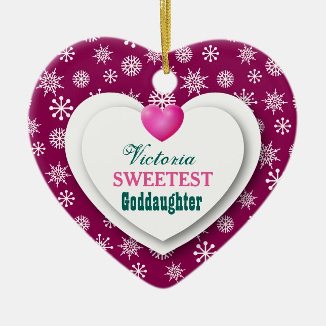 Sweetest Goddaughter Maroon Snowflakes Hearts A11 Ceramic Ornament (Front)