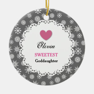 Sweetest Goddaughter Silver White Snowflakes S18Z Ceramic Ornament