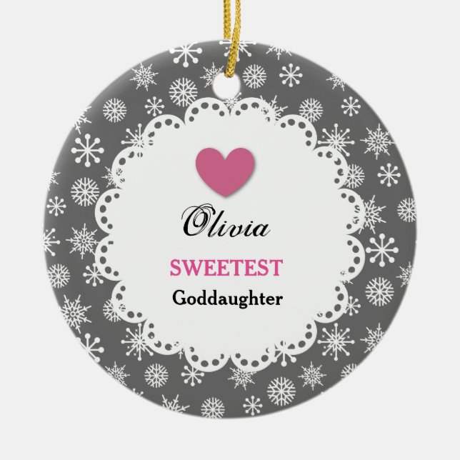 Sweetest Goddaughter Silver White Snowflakes S18Z Ceramic Ornament (Front)