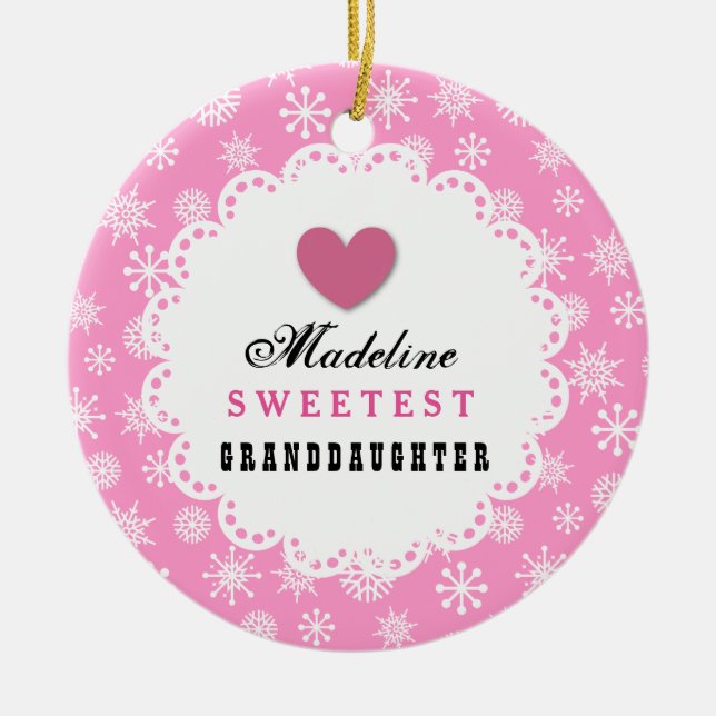 Sweetest Granddaughter Pink White Snowflakes C14 Ceramic Ornament (Front)