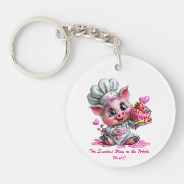 Sweetest Mom Pig Chef Keychain (Front)