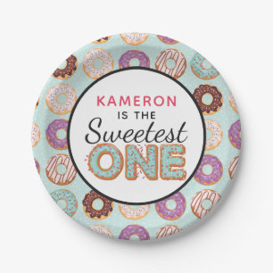 SWEETEST ONE Blue Iced Doughnuts Baby First Birthd Paper Plate