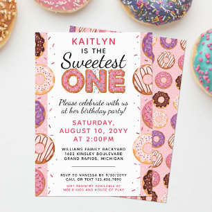 SWEETEST ONE Pink Iced Doughnuts Baby First Birthd Invitation