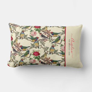 Sweetest Rose Vintage Birds and Roses Pattern Lumbar Cushion