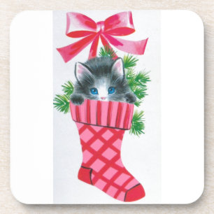 Sweetest Vintage Christmas Kitten in a Stocking Coaster
