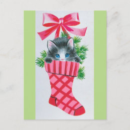 Sweetest Vintage Christmas Kitten in a Stocking Holiday Postcard