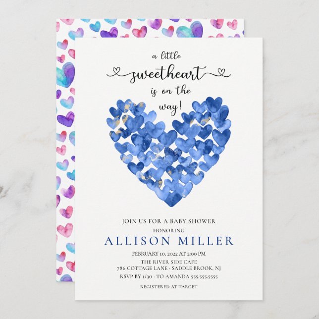 Sweetheart Blue Heart Boys Baby Shower Invitation (Front/Back)